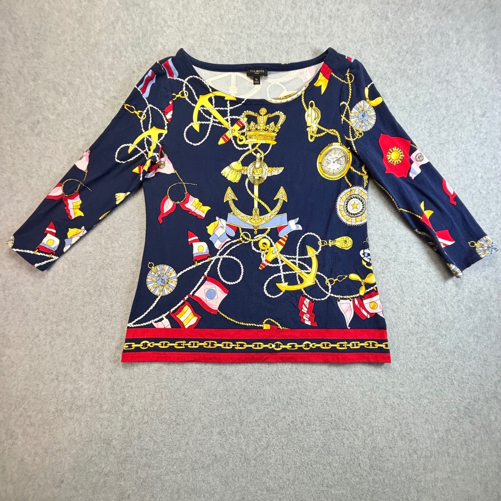 Talbots Petite Nautical Anchor Chain Print‎ Long Sleeve Top Women Size S